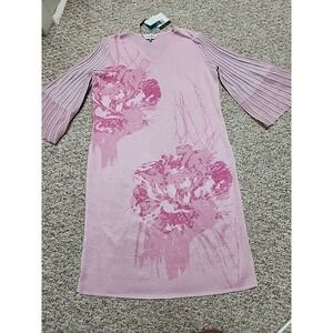 Ming Wang M Knit Floral Print V-Neck 3/4 Pleated Bell Sleeves A-Line Dress NWT